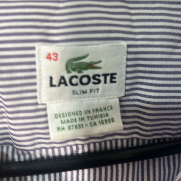 LACOSTE MEN DRESS SHIRT PURPLE AND WHITE STRIPED IN SIZE 43 design in France - Picture 6 of 8